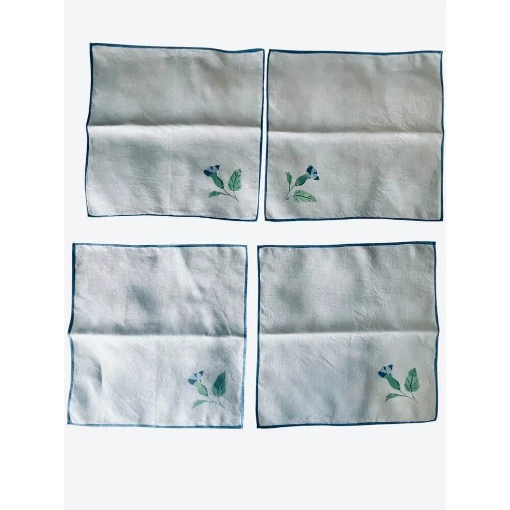 Vintage Morning Glory Linen Napkins Set Of 4 Blue & Green On White 13.75” x 14”